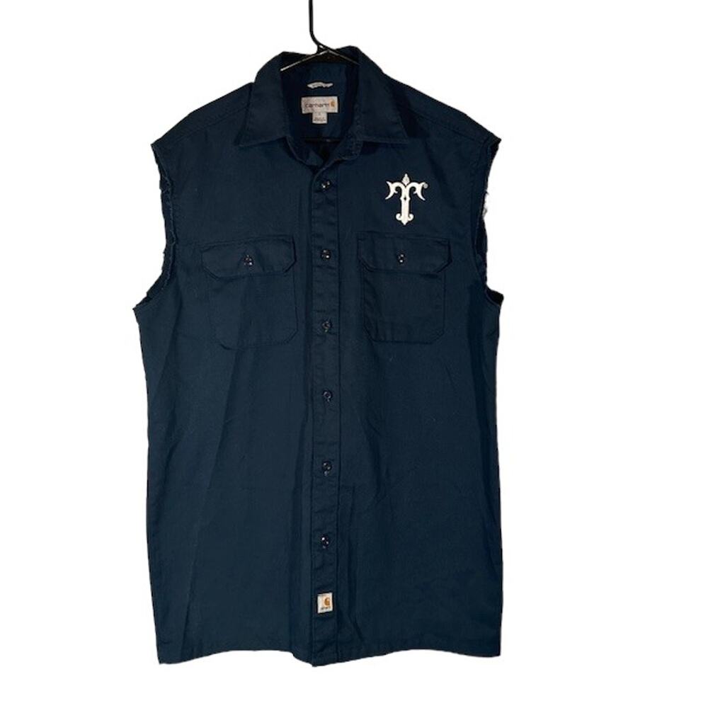Carhartt Blue Sleeveless Mechanic Button Shirt Tribes Beer Graphic Men Size Lg